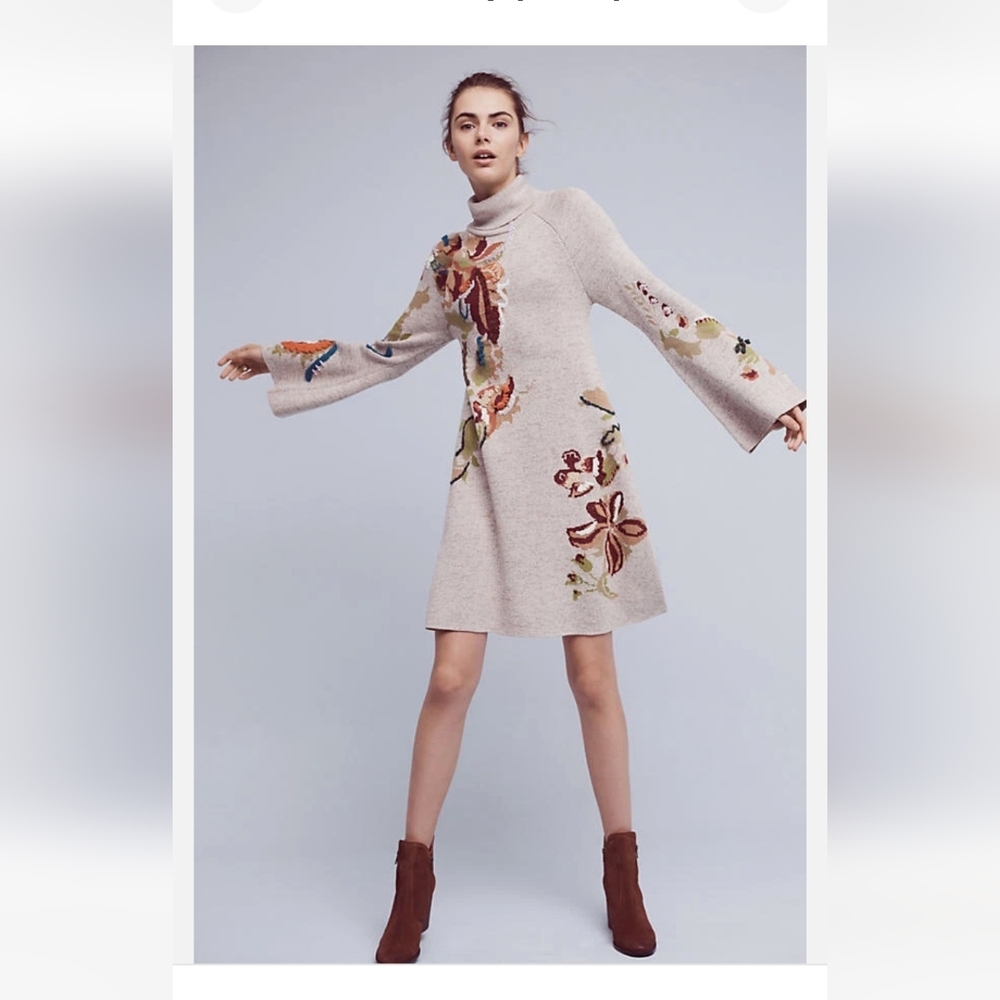 Anthropologie Knitted & Knotted Petals Sweater Dress Petite Small Embroidered